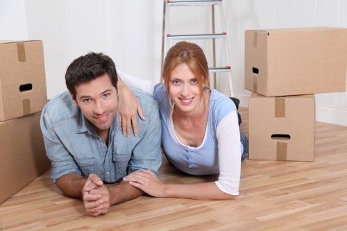 Boxes, desks, and office equipment prepared for a business move