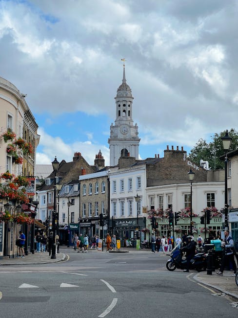 A daytime street scene in Hammersmith featuring a historic clock tower with a weather vane on top, surrounded by multi-story buildings with shops and residential facades. The street is busy with pedestrians walking on the pavement, some carrying bags, and vehicles including black cars, motorcycles, and a delivery bike. On the left, there are flower arrangements hanging from balconies and shopfronts, while on the right, a lamppost and street signs are visible. The sky is partly cloudy, casting diffuse light over the area. This setting highlights the urban environment that services like Man With a Van Hammersmith provide, supporting home relocation and furniture transport within the local area.